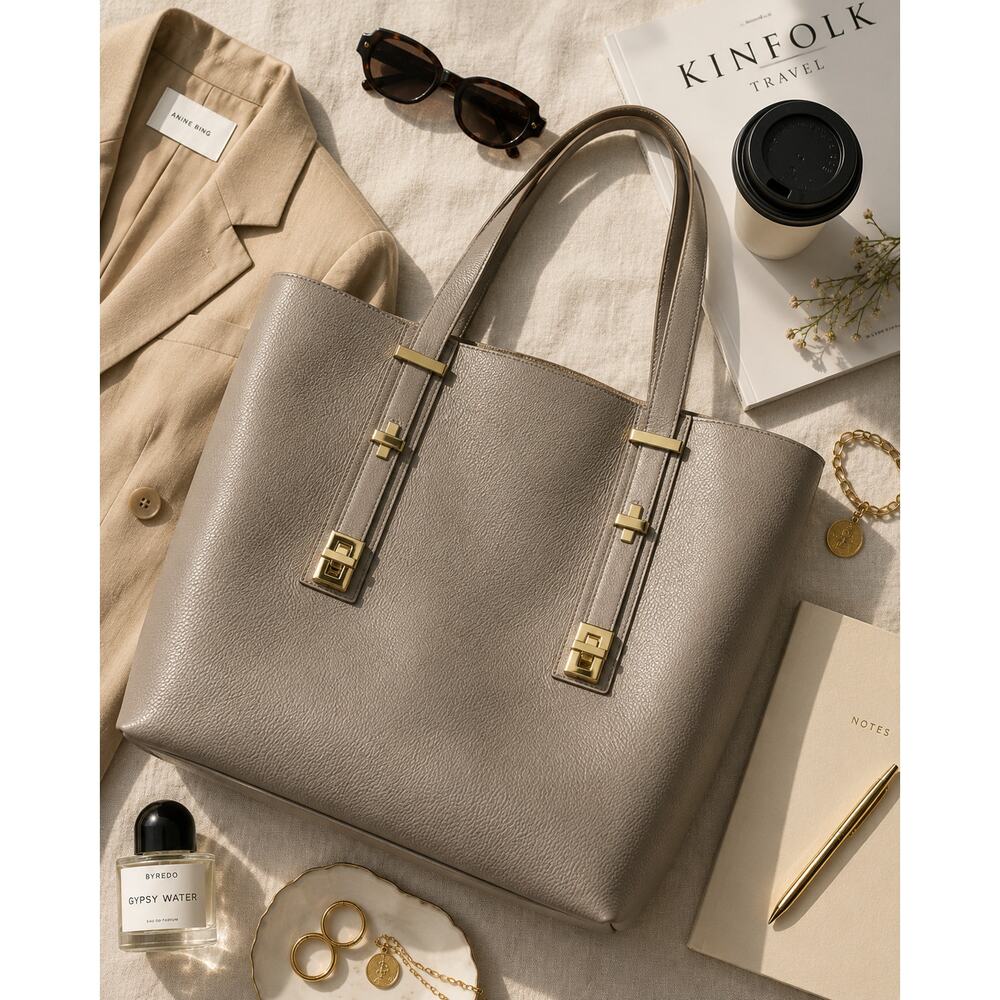 India Hicks Solitaire Tote Gray Pebbled Leather Gold Hardware Large Shoulder Bag - Picture 5 of 16